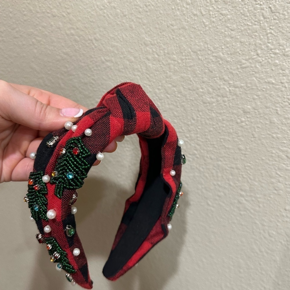 Plaid Red and Black Headband with Beaded Accents - Picture 3 of 5